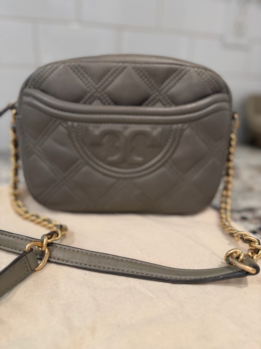 Tory Burch Quilted Gray Leather Crossbody with Gold Chain